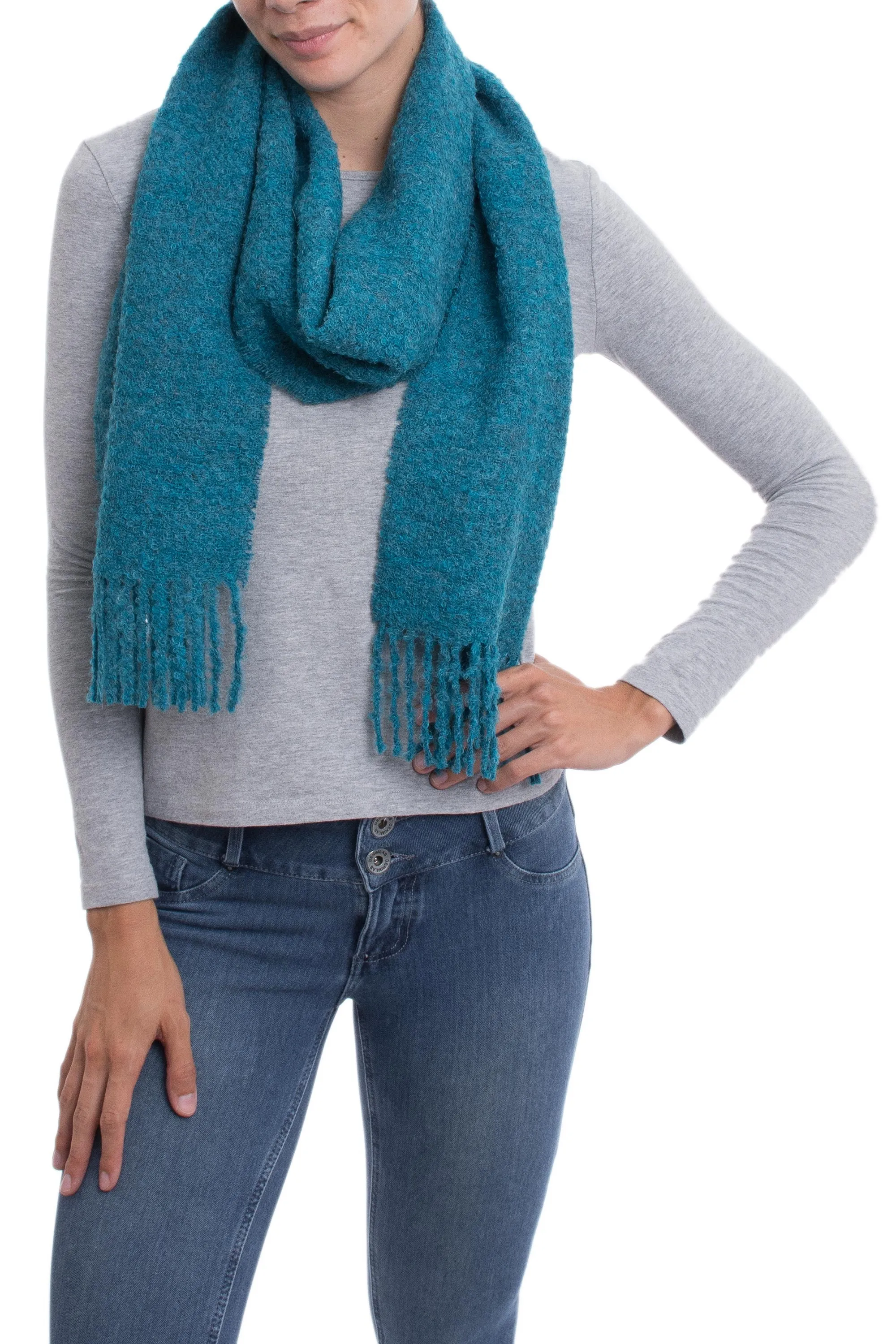 100% Alpaca Wrap Scarf in Solid Teal from Peru - Andean Delight in Teal | NOVICA