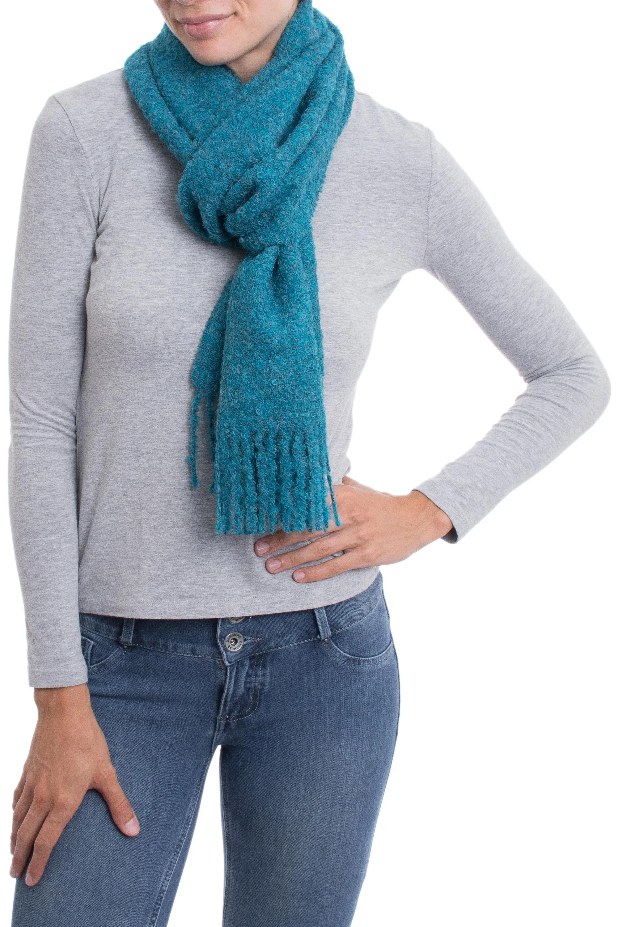 100% Alpaca Wrap Scarf in Solid Teal from Peru - Andean Delight in Teal | NOVICA