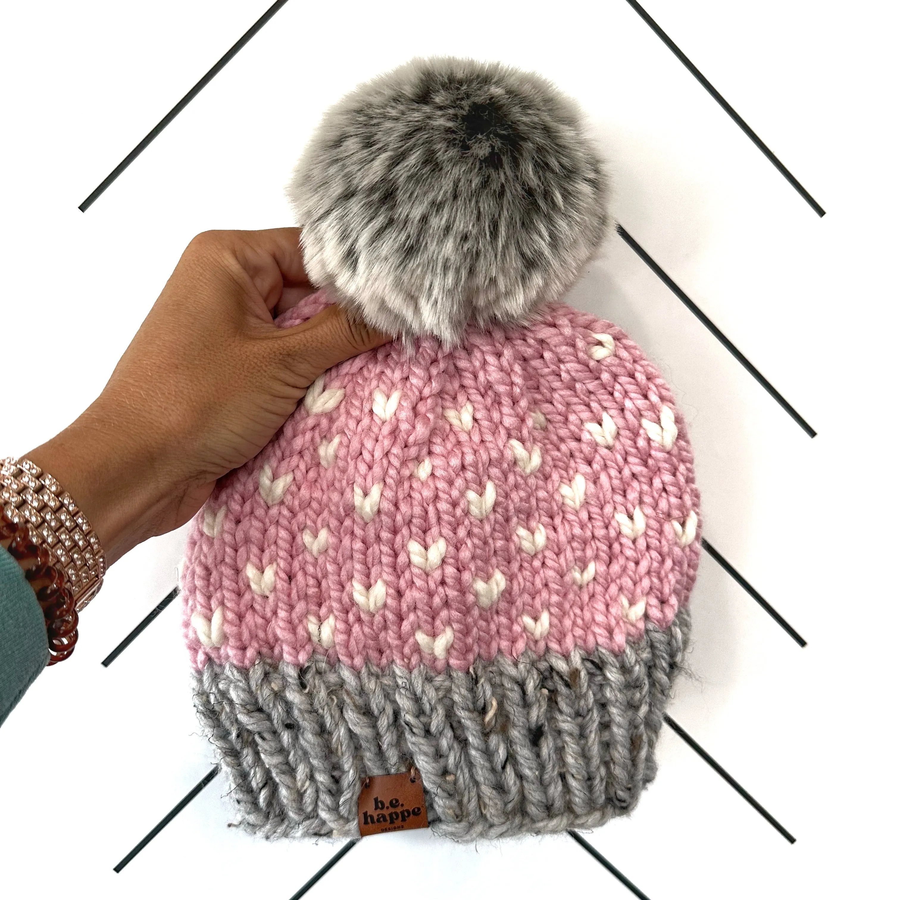 3-6 month Baby Happe Hearts Knit Pom Hat | Blossom Pink   Grey   Off White