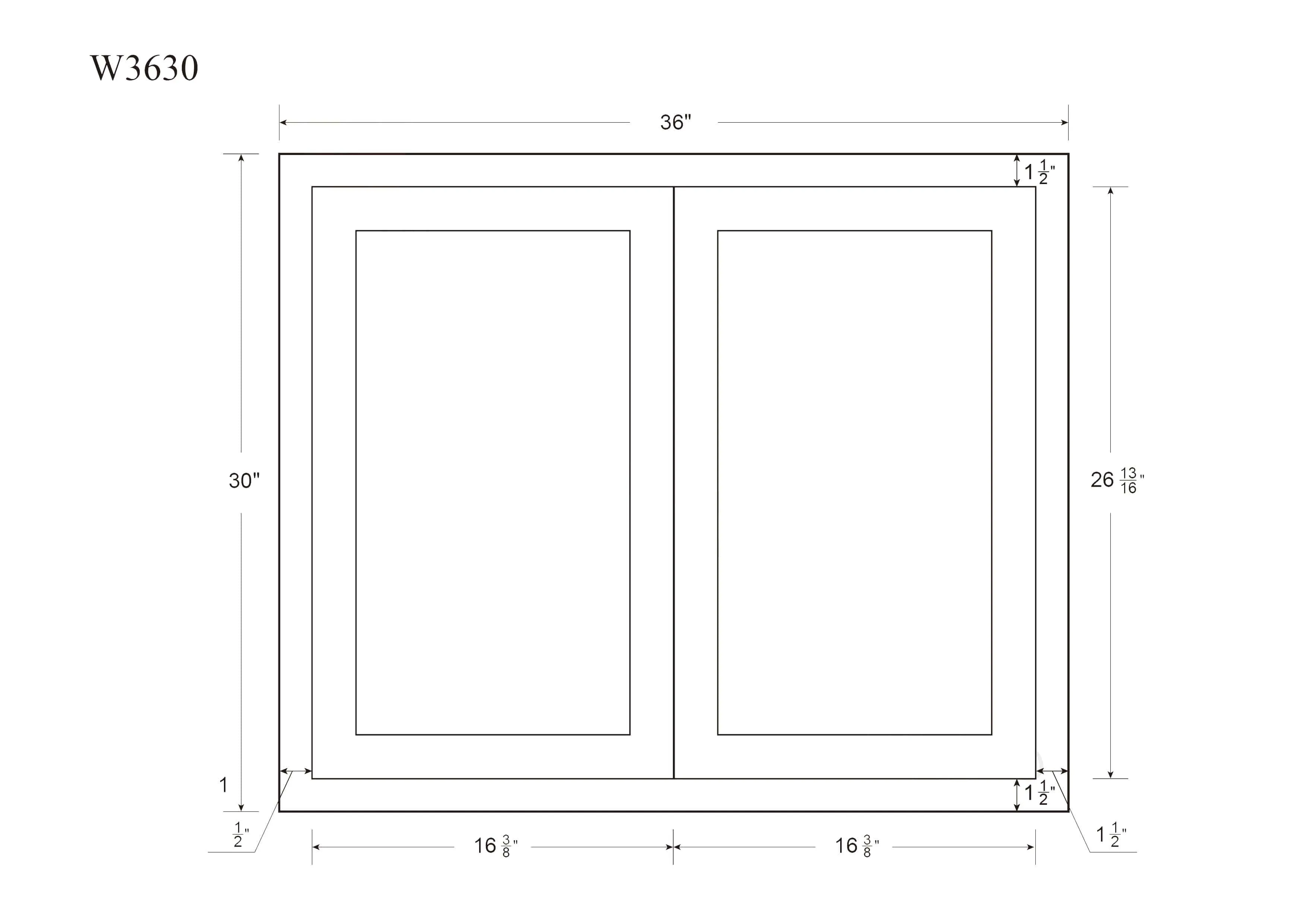 42" Tall Elegant Oak Craftsman Shaker 1-1/4" Overlay Wall Cabinet - Double Door 24", 27", 30", 33" & 36"