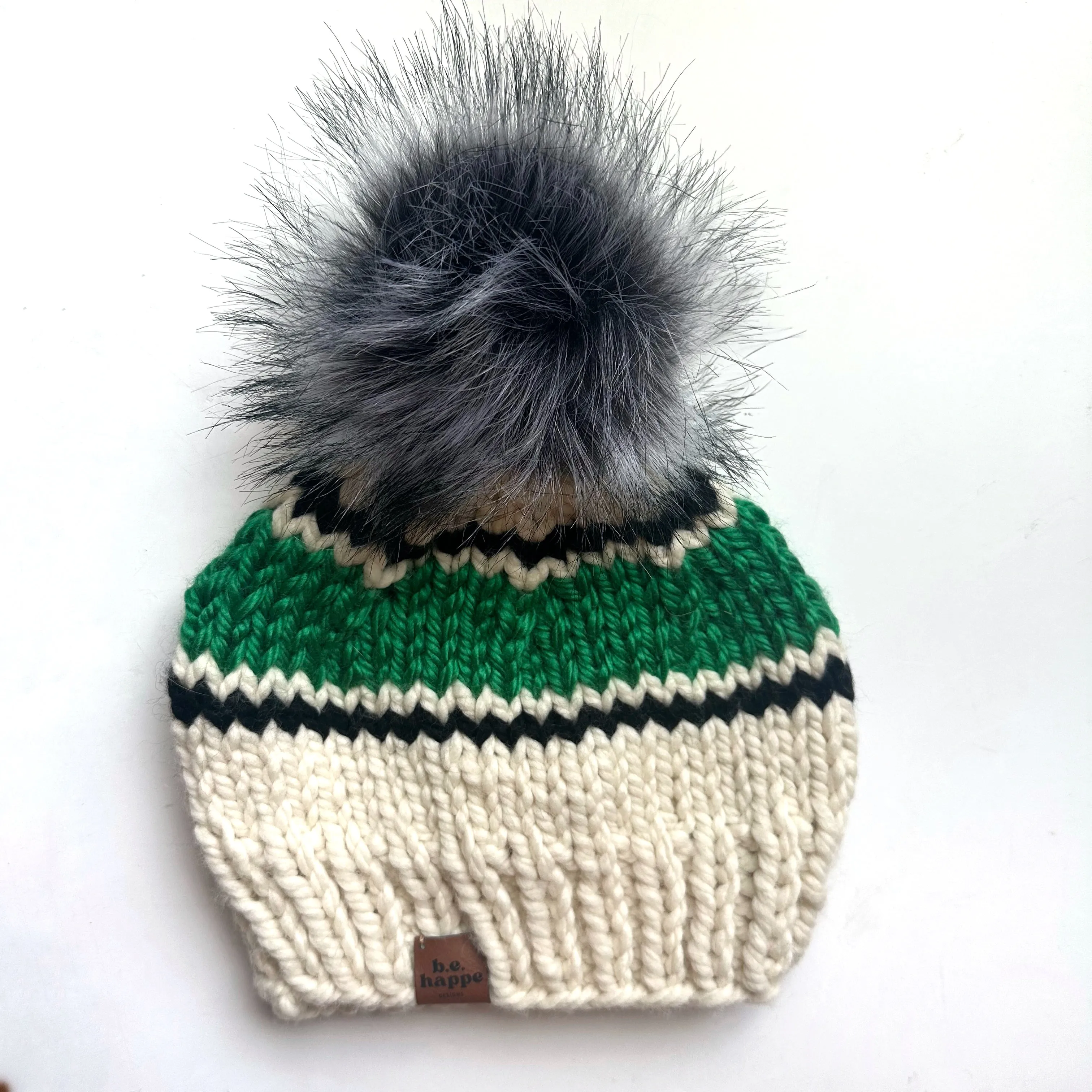 Adult Stripe Knit Pom Hat | Off White   Black   Green