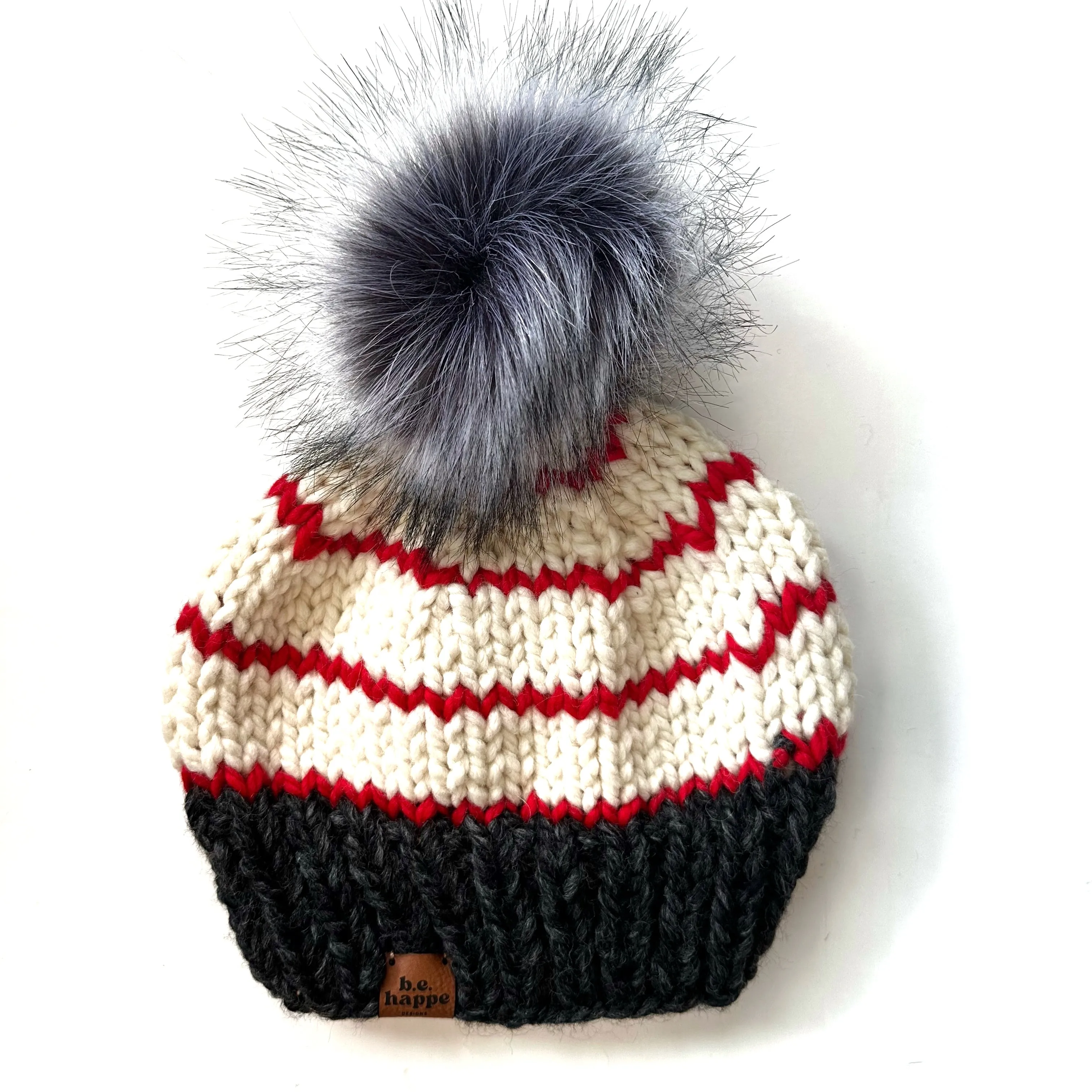 Adult Striped Knit Pom Hat | Charcoal Grey   Red