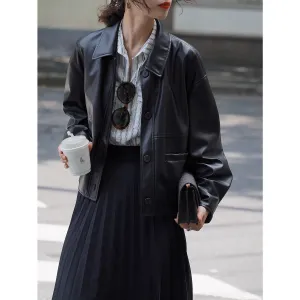 Advbridge 90s streetwear New Maillard Style Black Leather Coat for Women New American Retro Imitation Loose Short Jacket Jacket