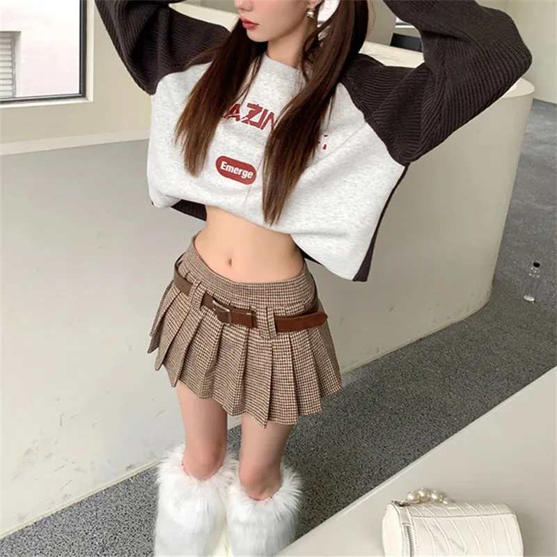 Advbridge  -  American College Style Khaki Plaid Pleated Skirt Women's Summer Color Contrast A-line High Waist Short Skirt Femal