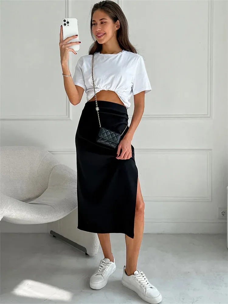 Advbridge -  Pink Summer Fashion Long Skirt For Women Y2k Outfits Side Split Pleated High Waist Ladies Skirt Fashion Solid Maxi Skirt