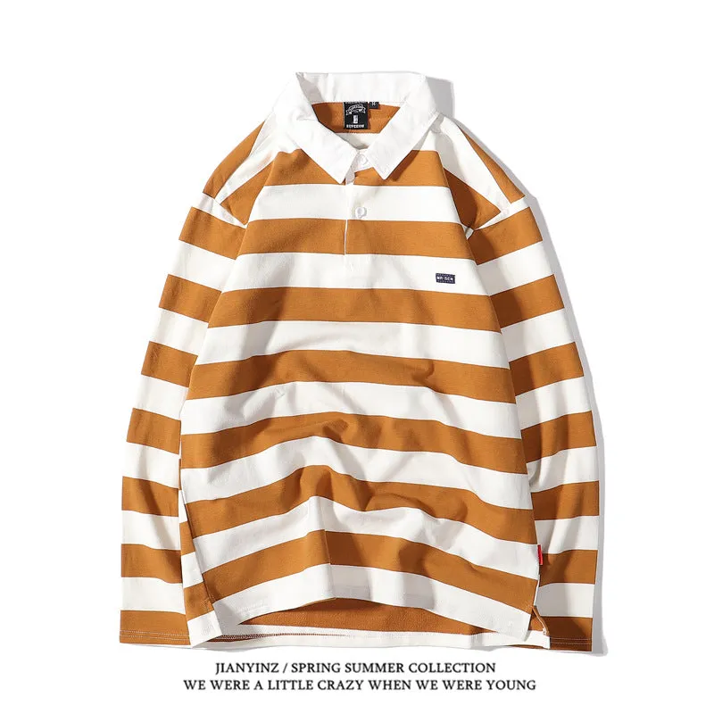 Advbridge rugby shirt outfit Japanese Style Large Striped Long-Sleeved T-shirt Polo Shirt Retro Loose Men's and Women's Couple's Bottoming Shirt Ins Preppy Style Top