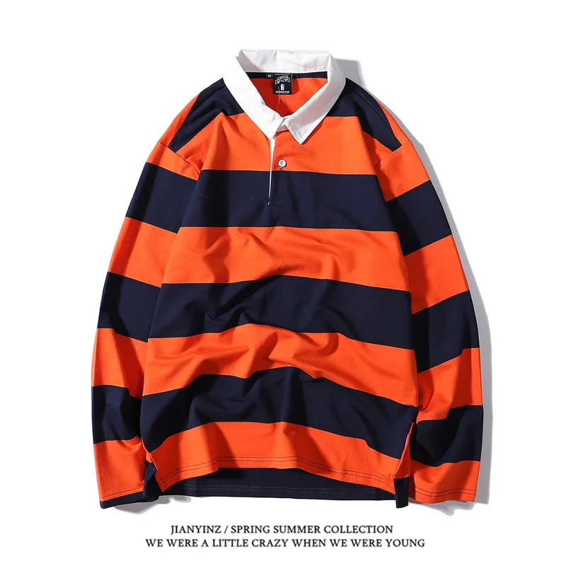 Advbridge rugby shirt outfit Japanese Style Large Striped Long-Sleeved T-shirt Polo Shirt Retro Loose Men's and Women's Couple's Bottoming Shirt Ins Preppy Style Top