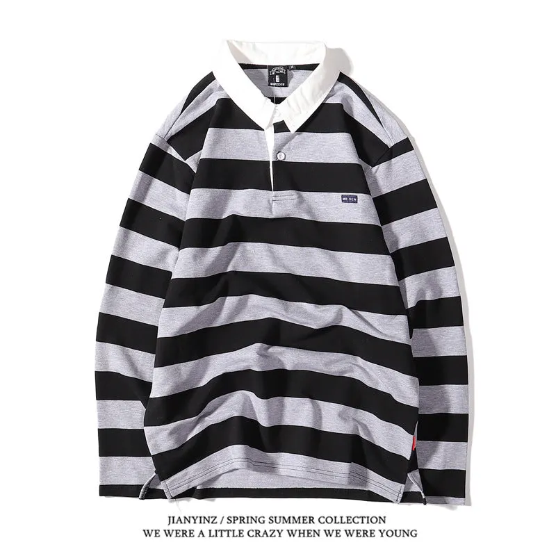 Advbridge rugby shirt outfit Japanese Style Large Striped Long-Sleeved T-shirt Polo Shirt Retro Loose Men's and Women's Couple's Bottoming Shirt Ins Preppy Style Top