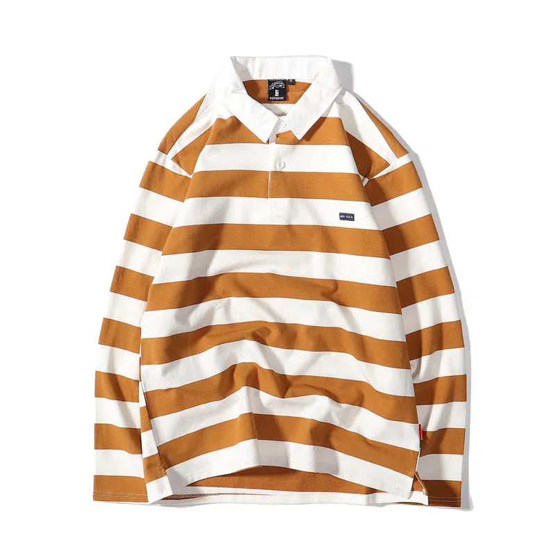 Advbridge rugby shirt outfit Japanese Style Large Striped Long-Sleeved T-shirt Polo Shirt Retro Loose Men's and Women's Couple's Bottoming Shirt Ins Preppy Style Top