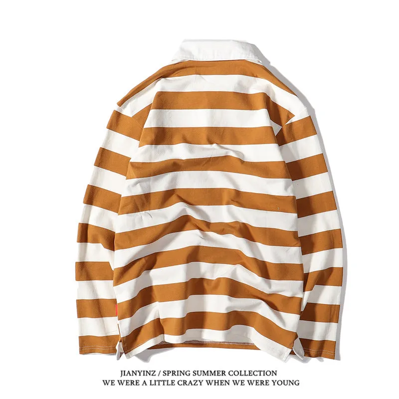 Advbridge rugby shirt outfit Japanese Style Large Striped Long-Sleeved T-shirt Polo Shirt Retro Loose Men's and Women's Couple's Bottoming Shirt Ins Preppy Style Top