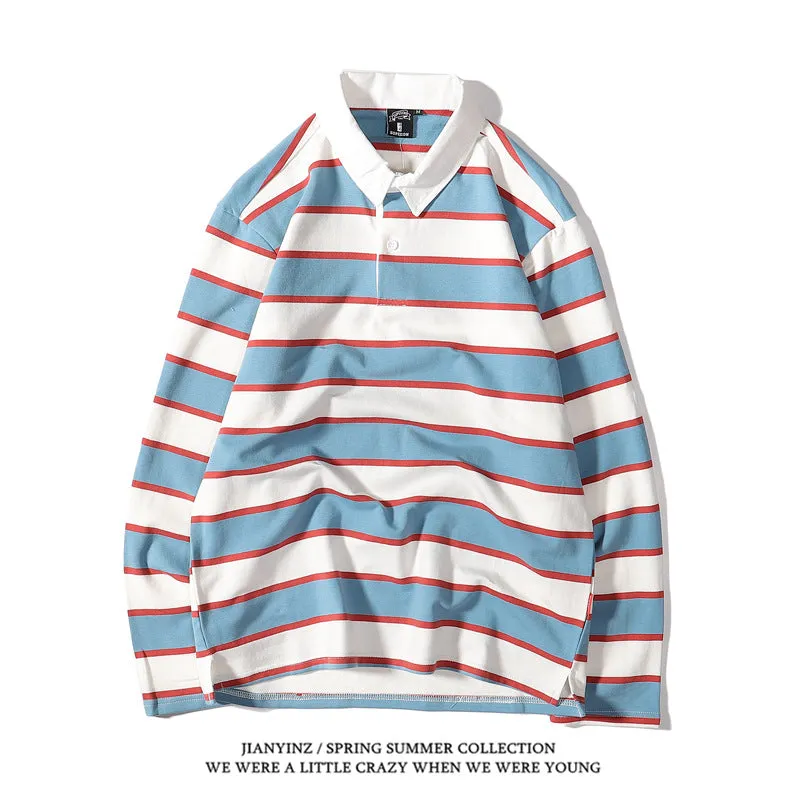 Advbridge rugby shirt outfit Japanese Style Large Striped Long-Sleeved T-shirt Polo Shirt Retro Loose Men's and Women's Couple's Bottoming Shirt Ins Preppy Style Top