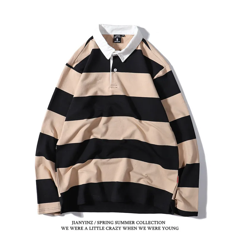 Advbridge rugby shirt outfit Japanese Style Large Striped Long-Sleeved T-shirt Polo Shirt Retro Loose Men's and Women's Couple's Bottoming Shirt Ins Preppy Style Top