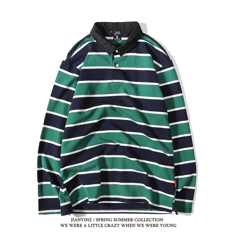 Advbridge rugby shirt outfit Japanese Style Large Striped Long-Sleeved T-shirt Polo Shirt Retro Loose Men's and Women's Couple's Bottoming Shirt Ins Preppy Style Top