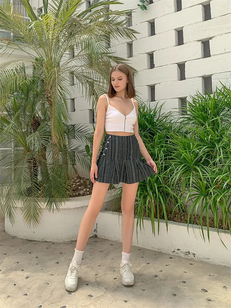 Aiertu Y2k Pleated Skirt Women Sexy High Waist Grey Stripe Bandage Mini Skirts Summer New A Line Skirt Vintage Harajuku Streetwar