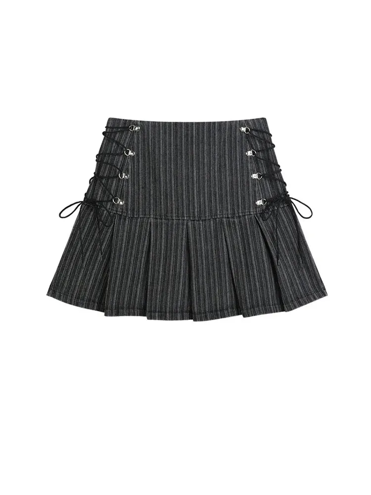 Aiertu Y2k Pleated Skirt Women Sexy High Waist Grey Stripe Bandage Mini Skirts Summer New A Line Skirt Vintage Harajuku Streetwar