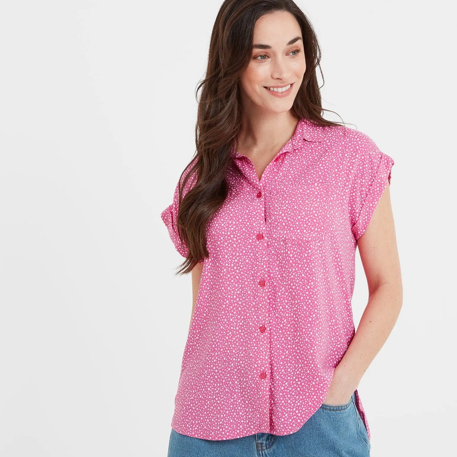 Alston Womens Shoer Short Sleeve Shirt - Bubblegum Pink Pebble Print