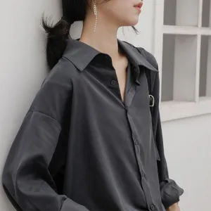 Amozae tomboy fits High-Grade Gray Pointed Collar Shirt Women's Loose Retro Design Sense Niche Temperament Drape Long Sleeve Shirt Fashion