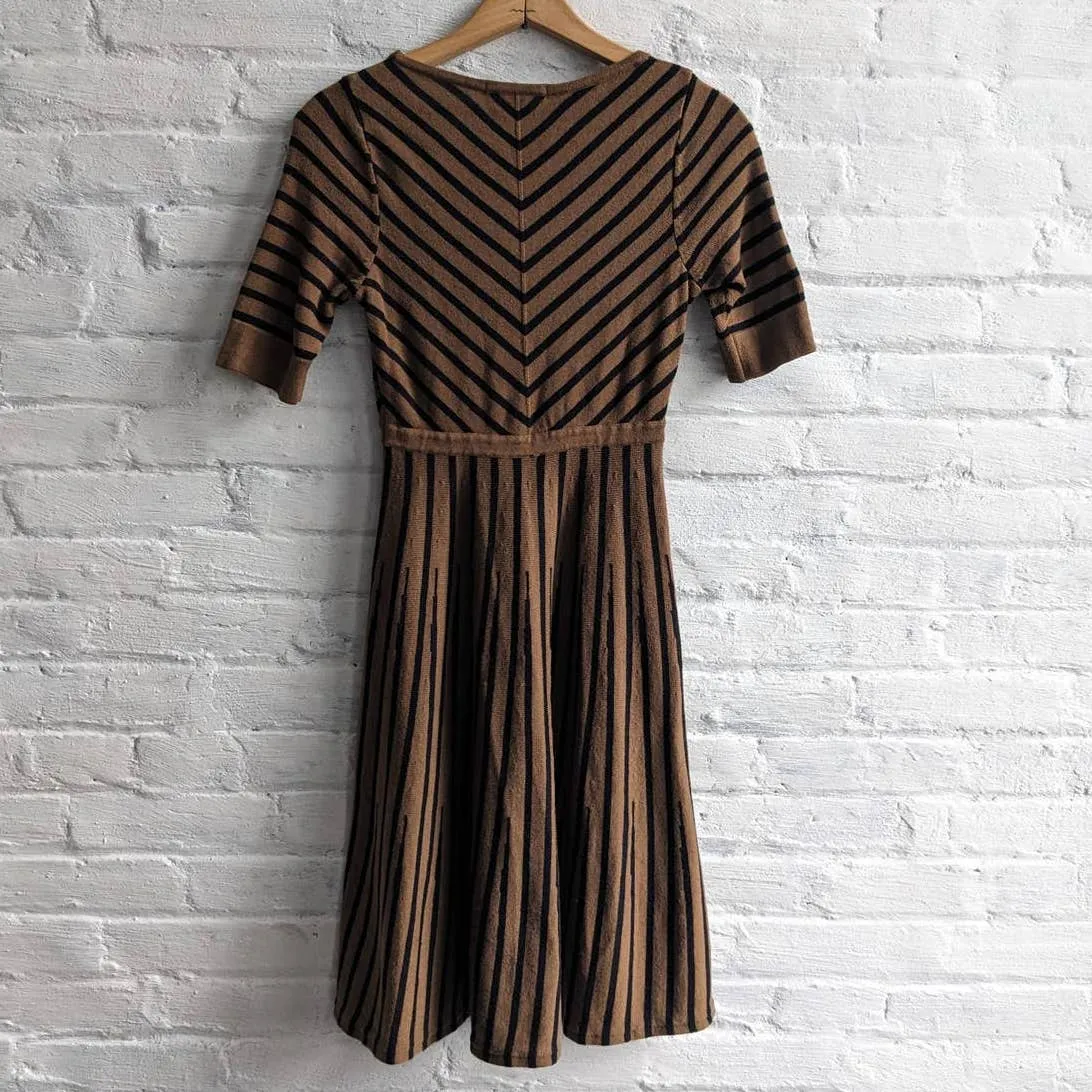 Anthropologie Earthy Brown Striped Wool Dress Babydoll Skater Dark Academia Mini