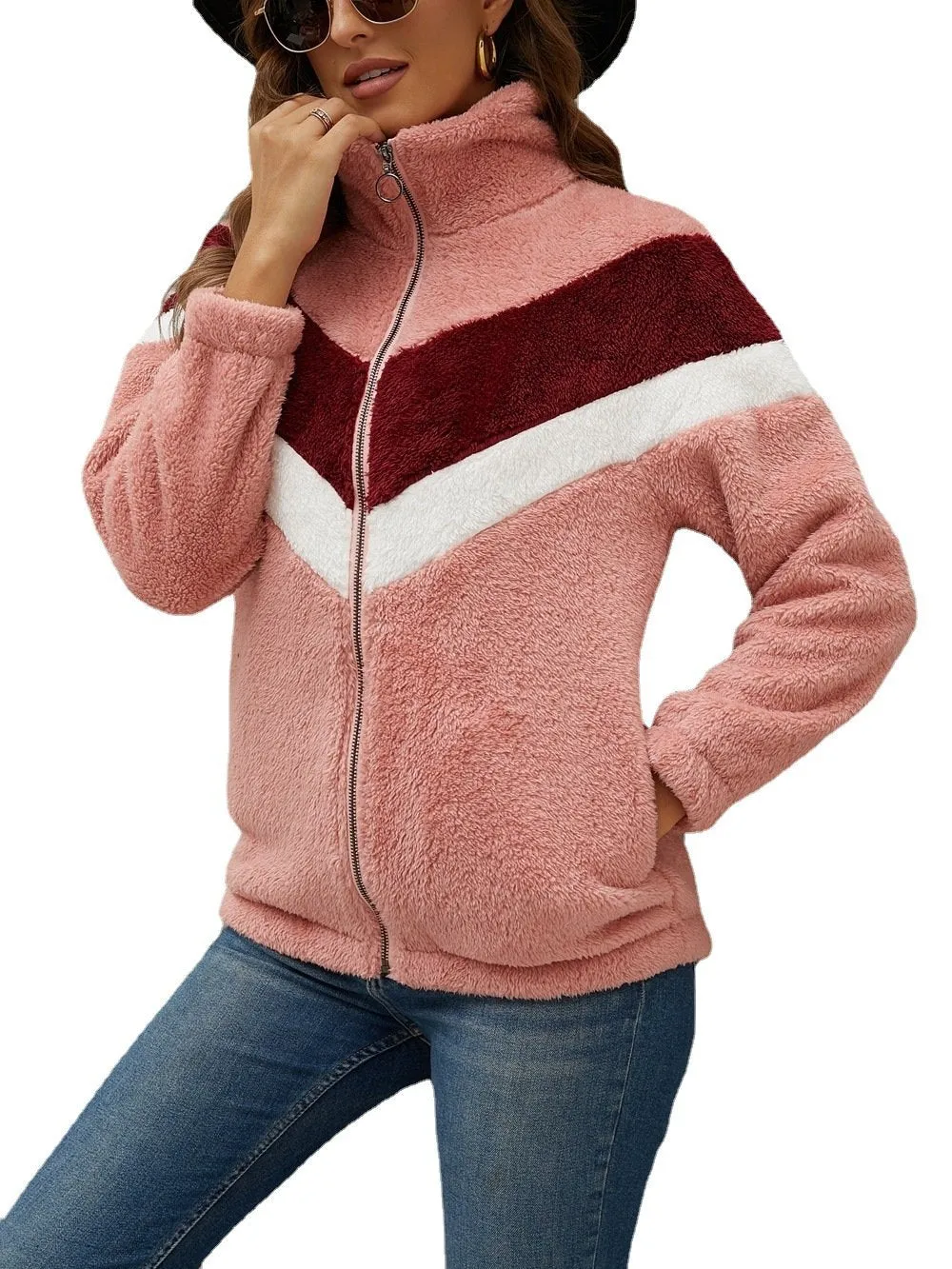 Autumn And Winter Plush Sweater Zipper Cardigan Contrast Coat