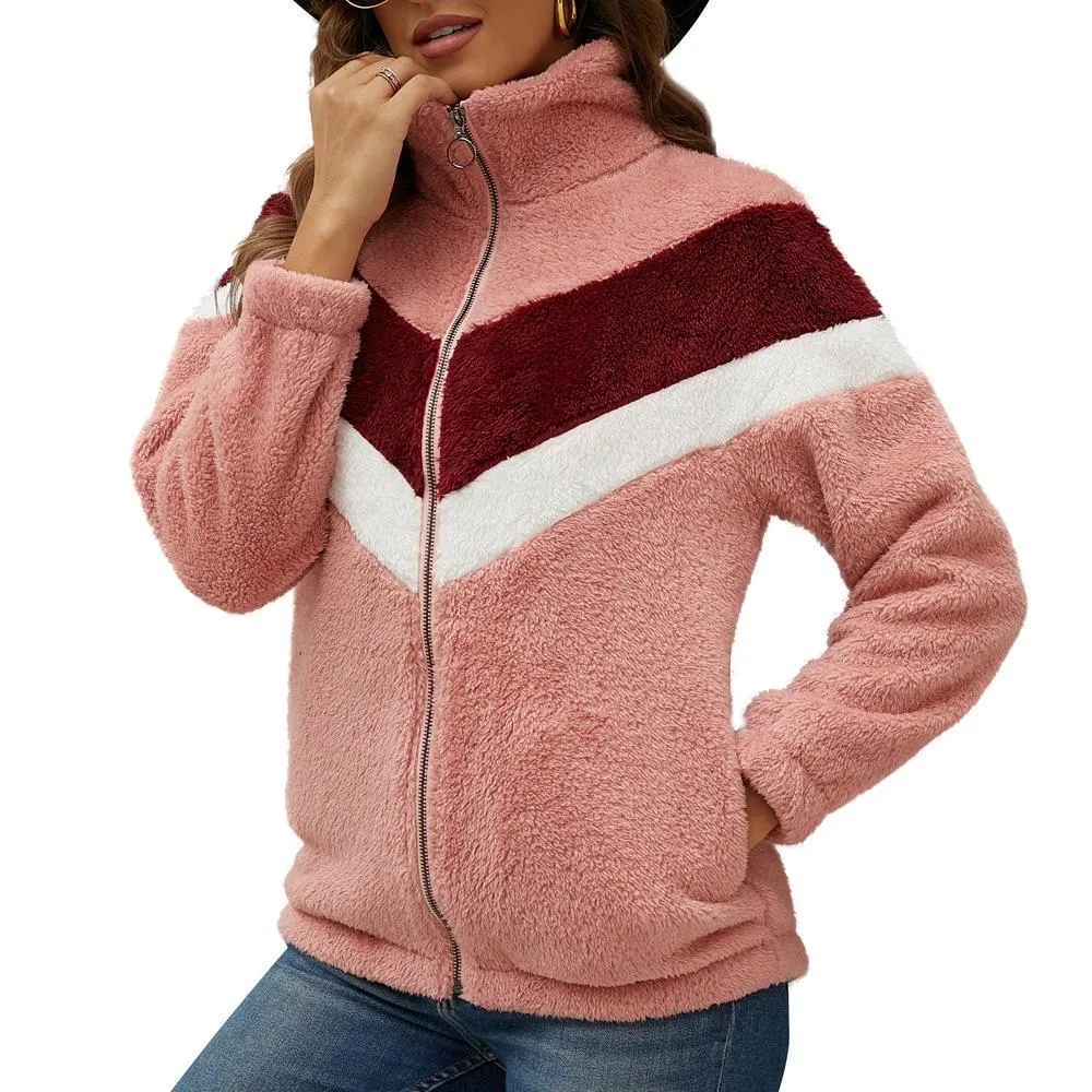 Autumn And Winter Plush Sweater Zipper Cardigan Contrast Coat