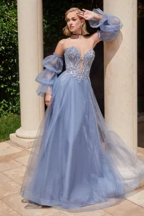 Azure Strapless Ball Gown With Removable Sleeves