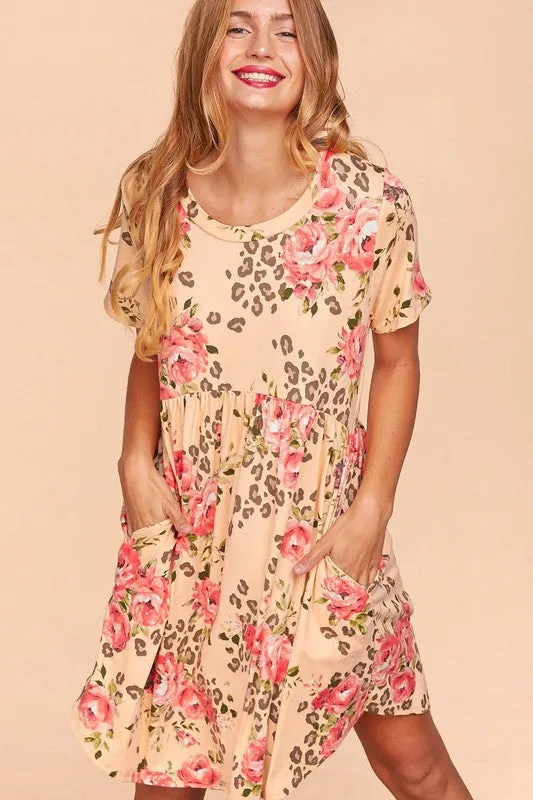 BABYDOLL FIT AND FLARE ANIMAL & FLORAL DRESS