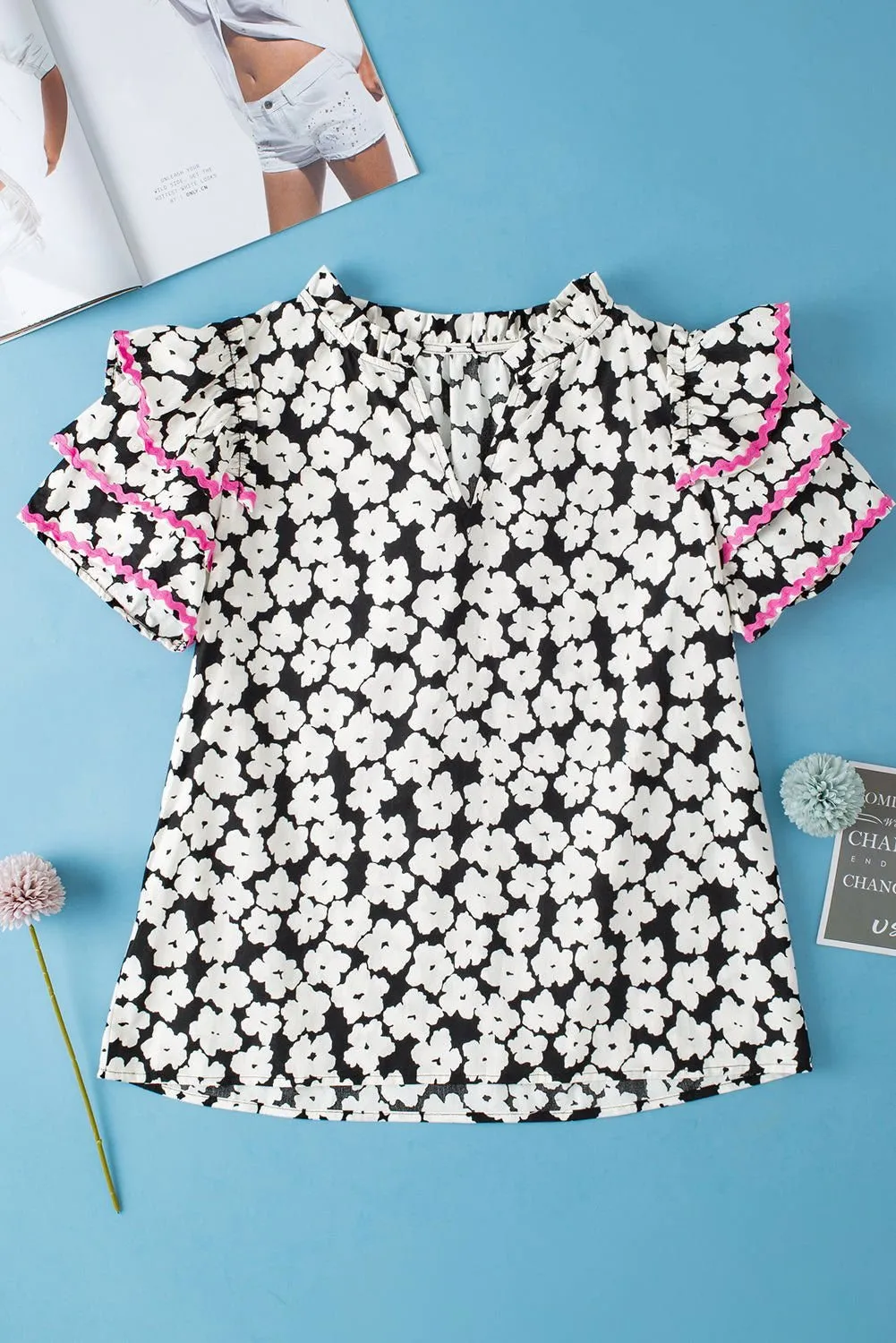 Black Contrast Ric Rac Layered Ruffle Sleeve Floral Blouse