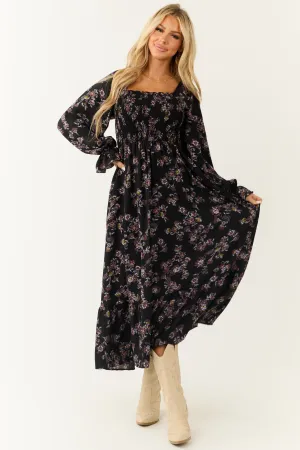 Black Floral Smocked Babydoll Long Sleeve Maxi Dress