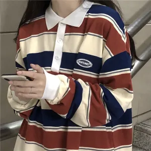 Black Friday Sales Retro Ins Stripe Hit Color Wild Loose Polo Collar Pullover Sweatshirt Women Loose Harajuku Street Korean Style Top Autumn