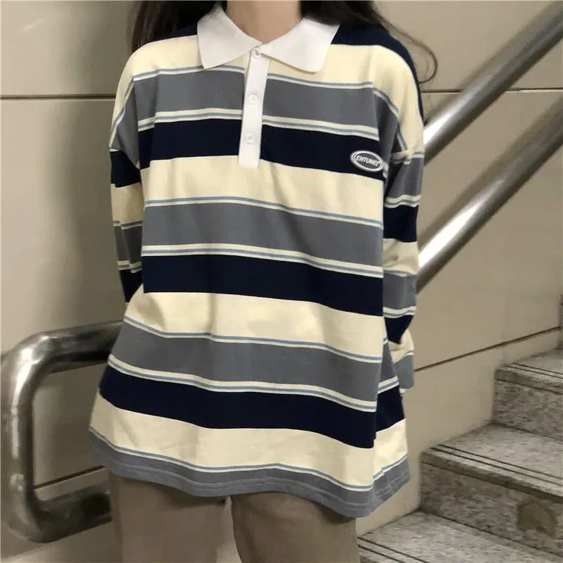 Black Friday Sales Retro Ins Stripe Hit Color Wild Loose Polo Collar Pullover Sweatshirt Women Loose Harajuku Street Korean Style Top Autumn