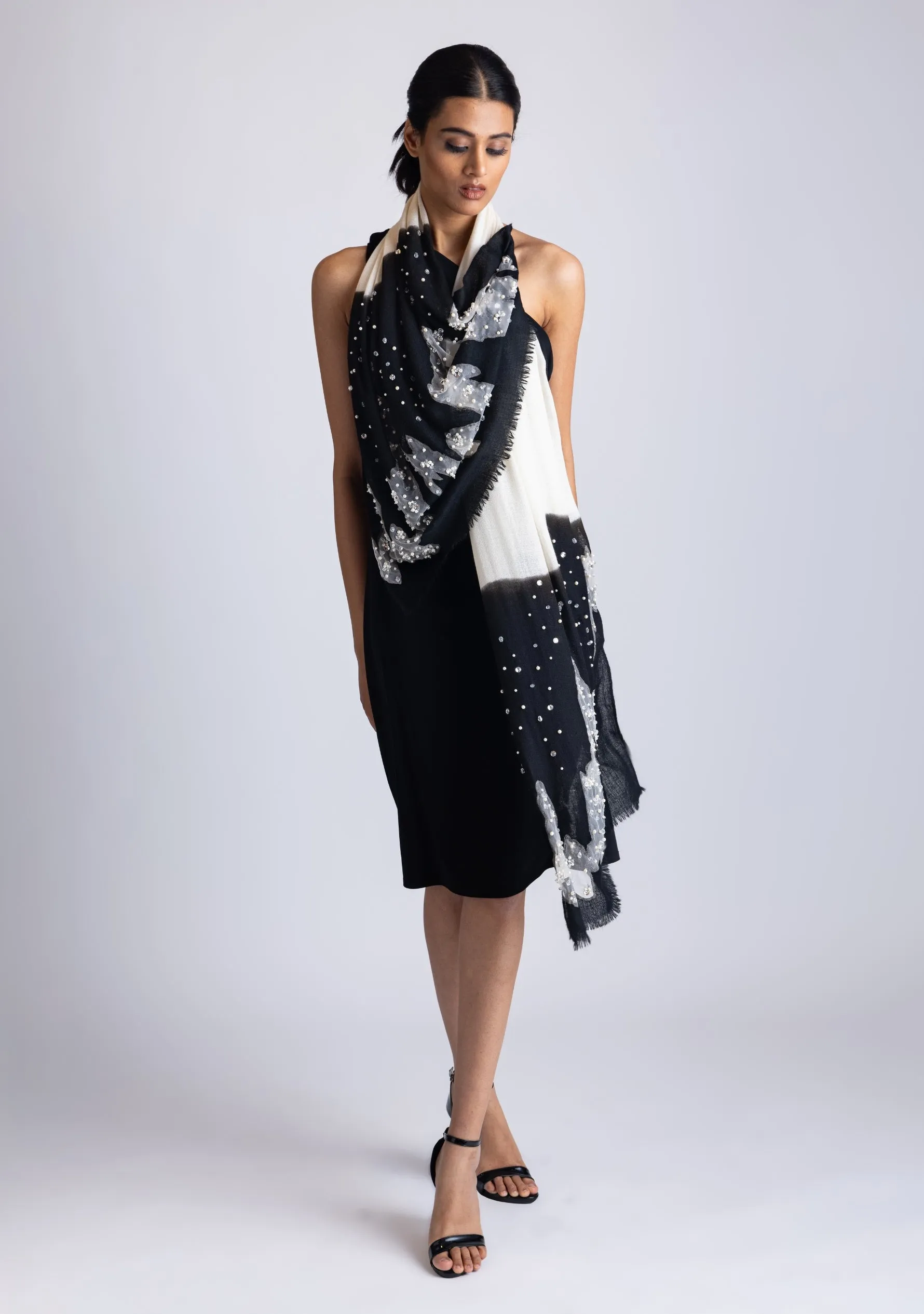 Black-Ivory Ombre Cashmere Scarf with Silver Rhinestones and White Pearls