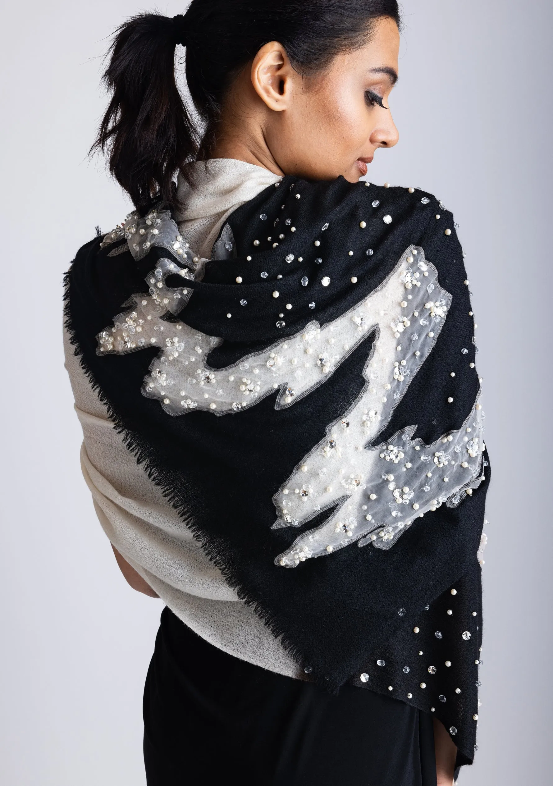 Black-Ivory Ombre Cashmere Scarf with Silver Rhinestones and White Pearls