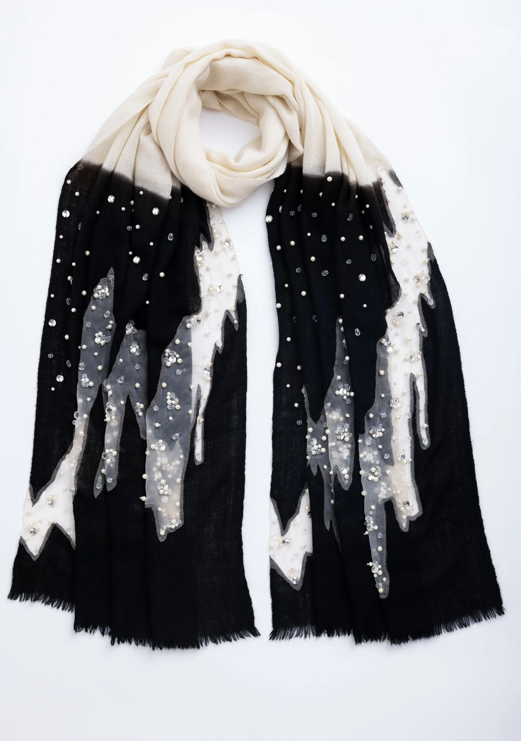 Black-Ivory Ombre Cashmere Scarf with Silver Rhinestones and White Pearls