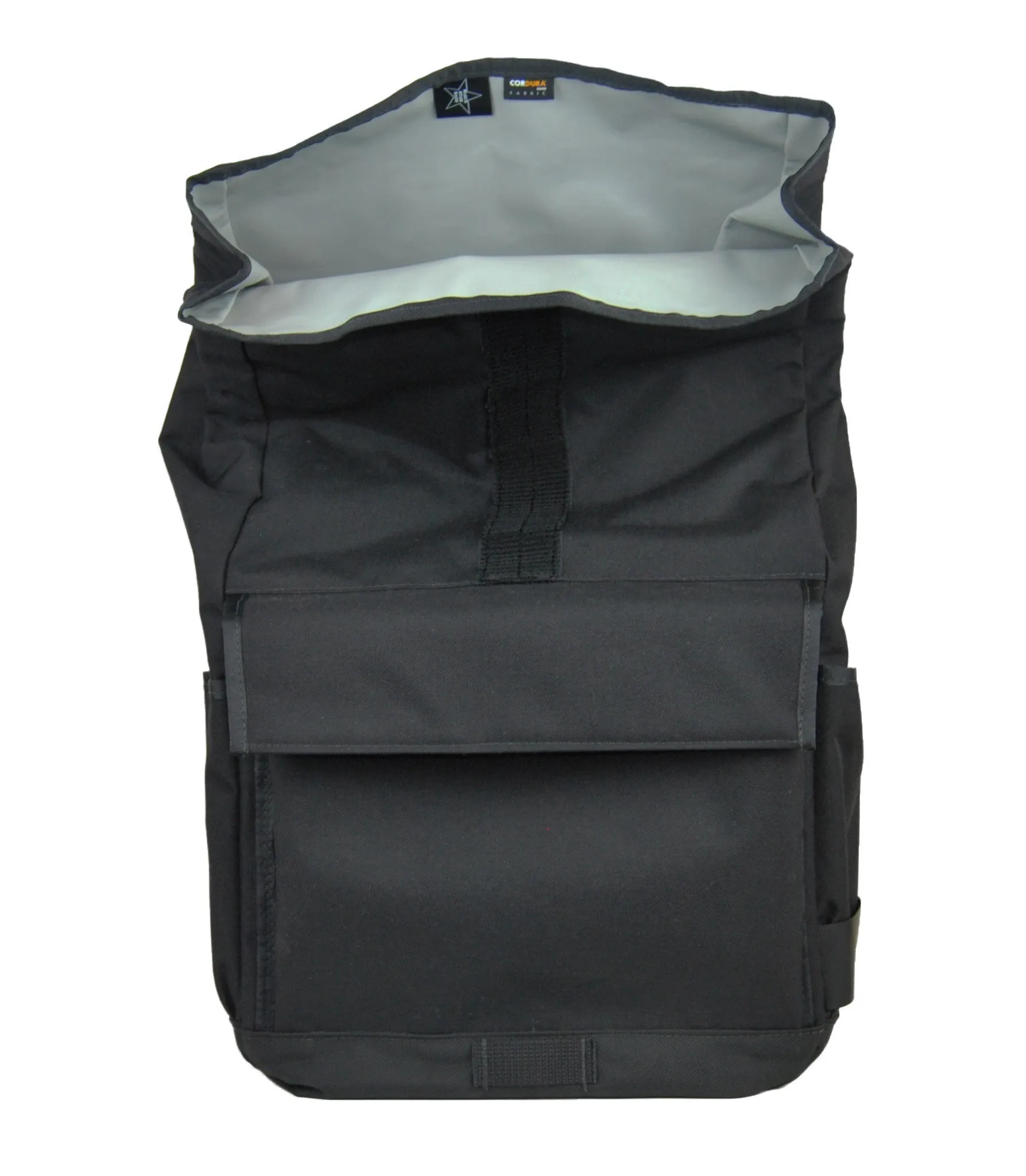 Black Roll Top Backpack With Silver Lining