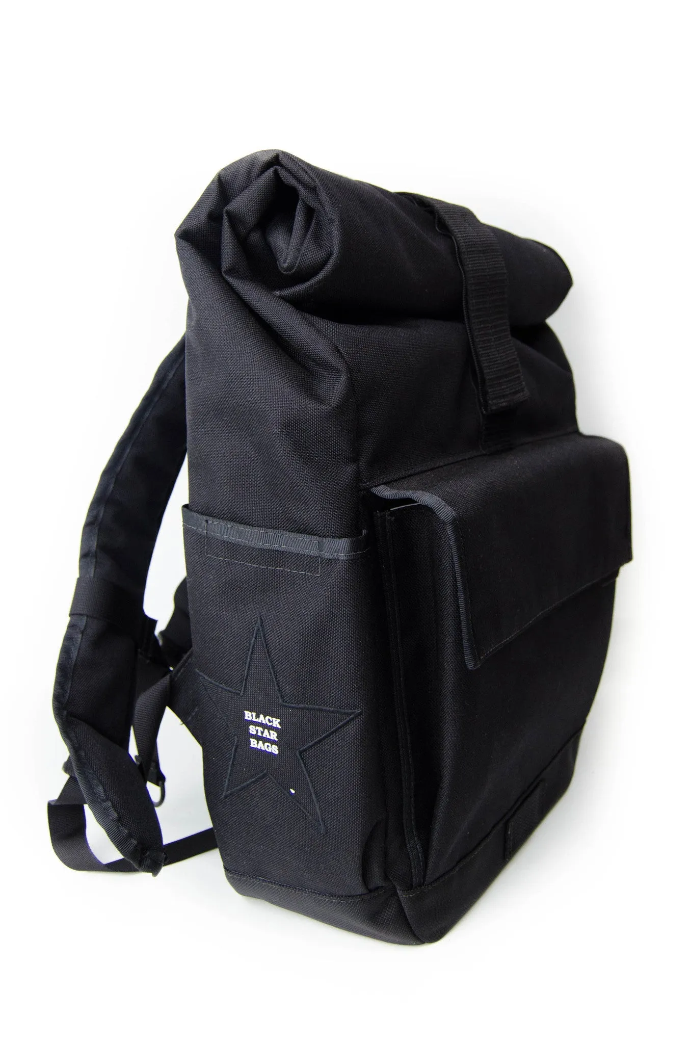 Black Roll Top Backpack With Silver Lining