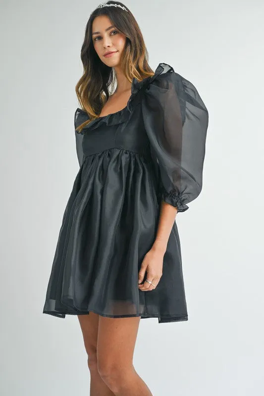 Black Square Neck Ruffle Babydoll Dress