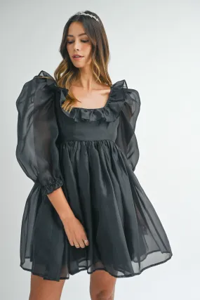 Black Square Neck Ruffle Babydoll Dress