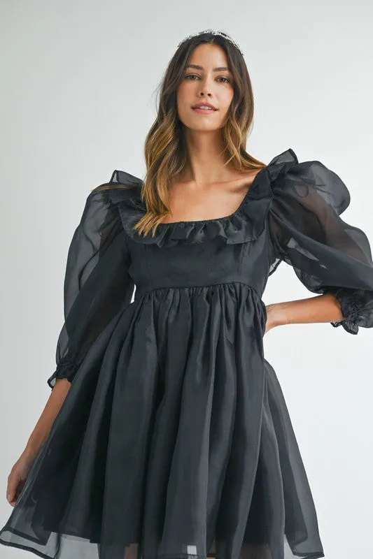 Black Square Neck Ruffle Babydoll Dress