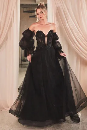 Black Strapless Ball Gown With Removable Sleeves