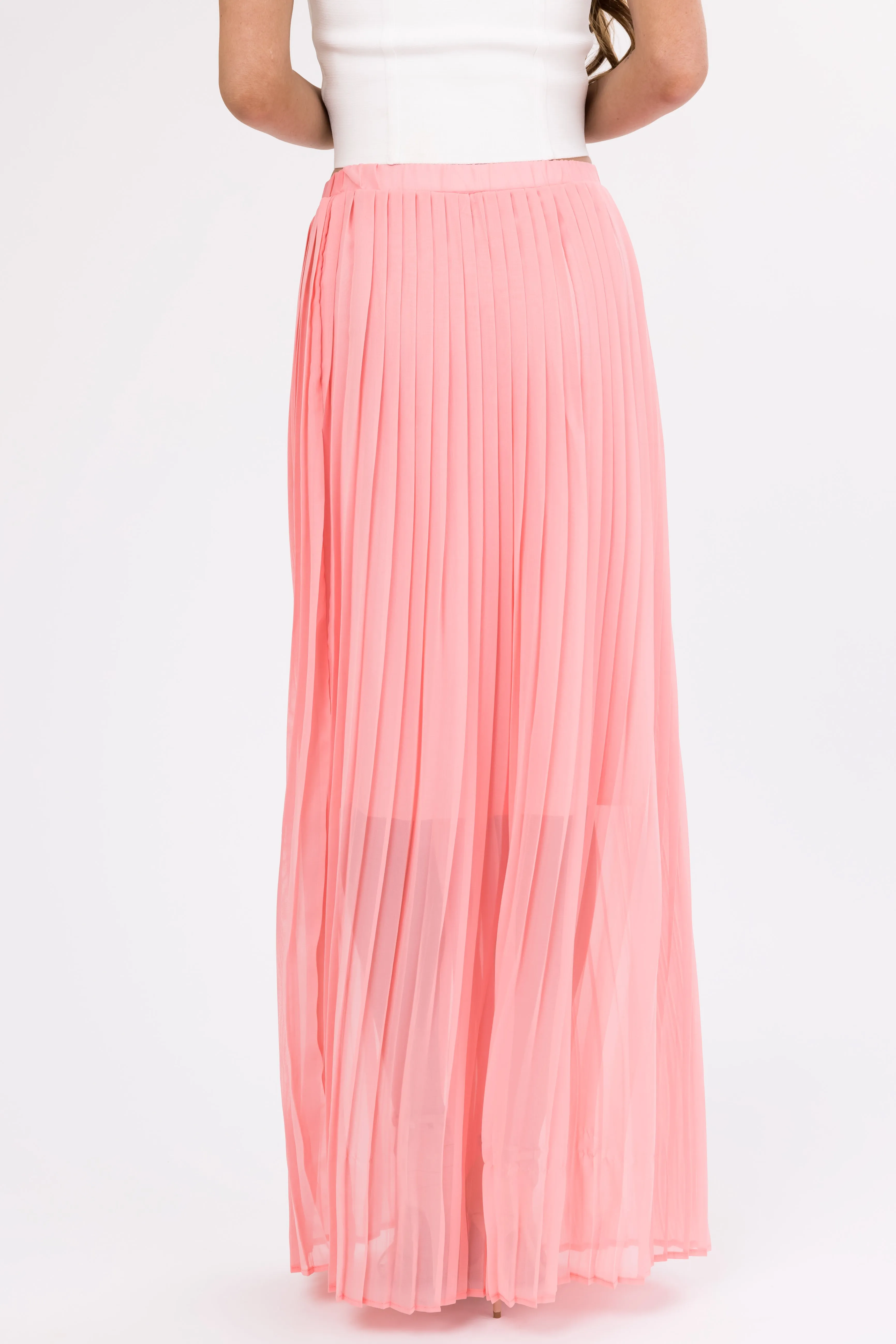 Blush Pleated Chiffon Elastic Waist Maxi Skirt