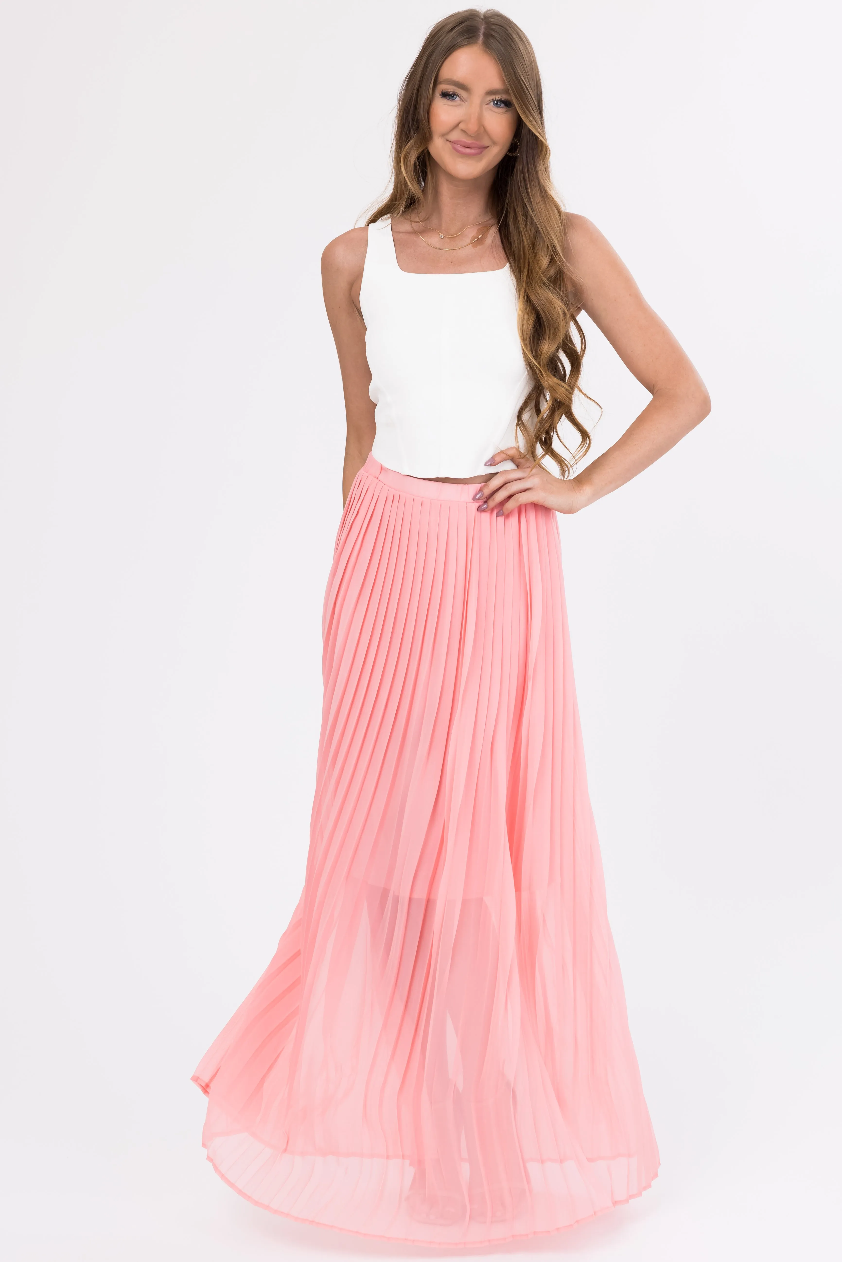 Blush Pleated Chiffon Elastic Waist Maxi Skirt