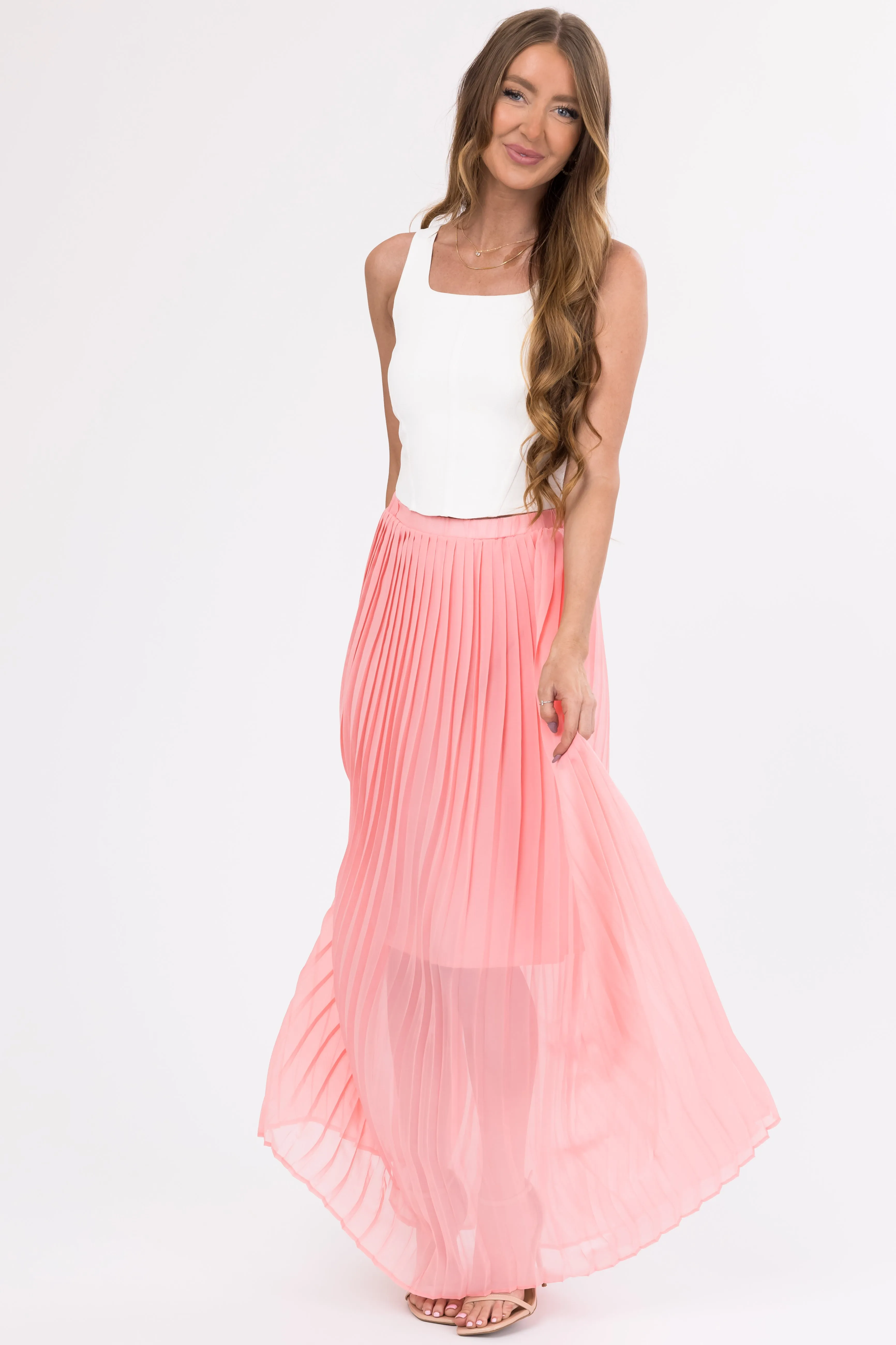 Blush Pleated Chiffon Elastic Waist Maxi Skirt