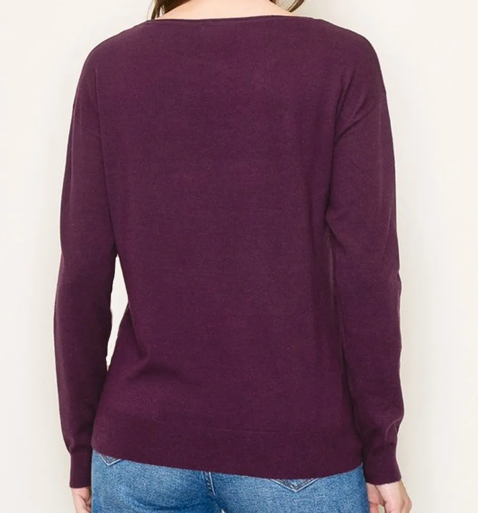 Boat Neck Long Sleeve Pullover Sweater in Plum by Staccato