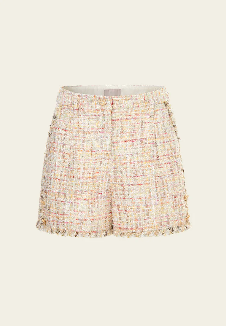 Braided-trim Slit-pocket Mixed Tweed Shorts