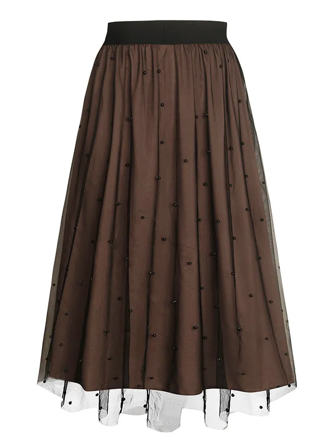 Brown Skirt Women Pearl Beaded Mesh Overlay A-Line Elastic Waist Layered Midi Skirt