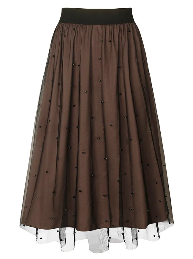 Brown Skirt Women Pearl Beaded Mesh Overlay A-Line Elastic Waist Layered Midi Skirt