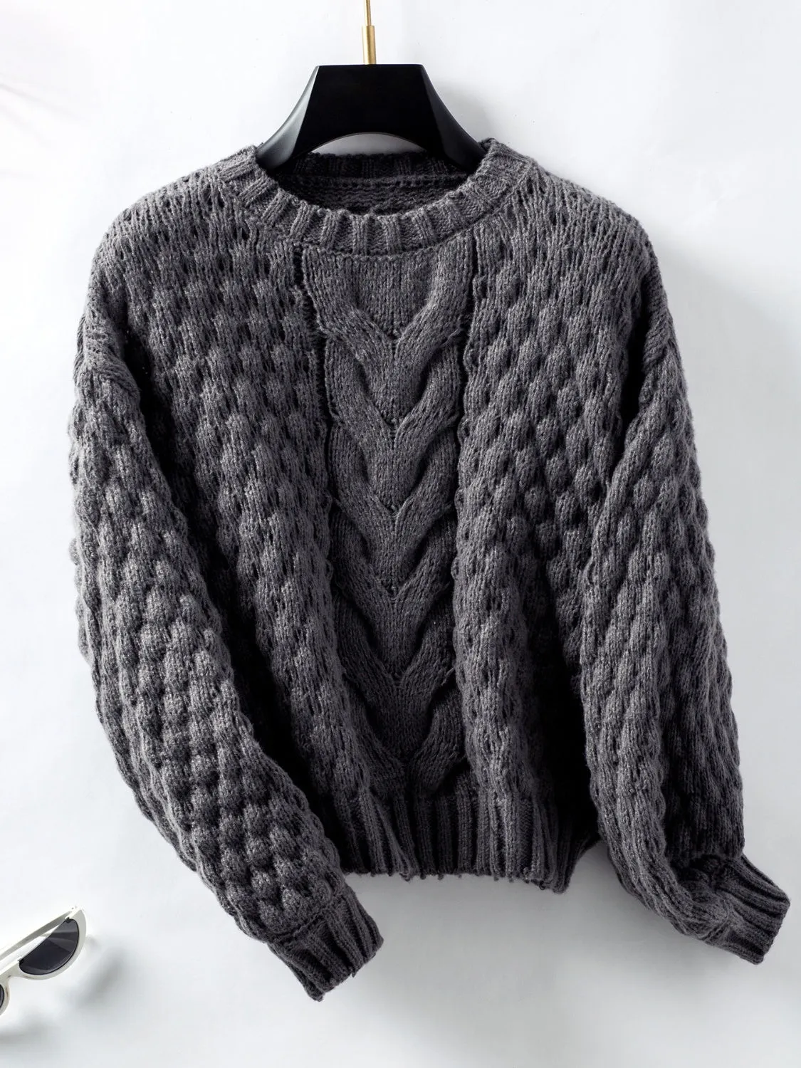 Cable-Knit Round Neck Long Sleeve Sweater | Sweater Weather | Cozy Fashion