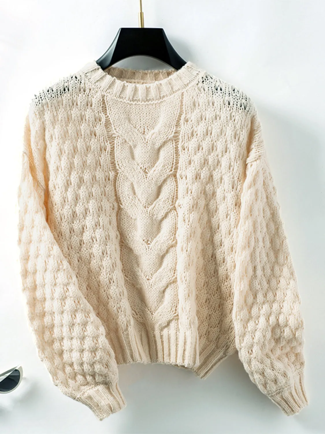 Cable-Knit Round Neck Long Sleeve Sweater | Sweater Weather | Cozy Fashion