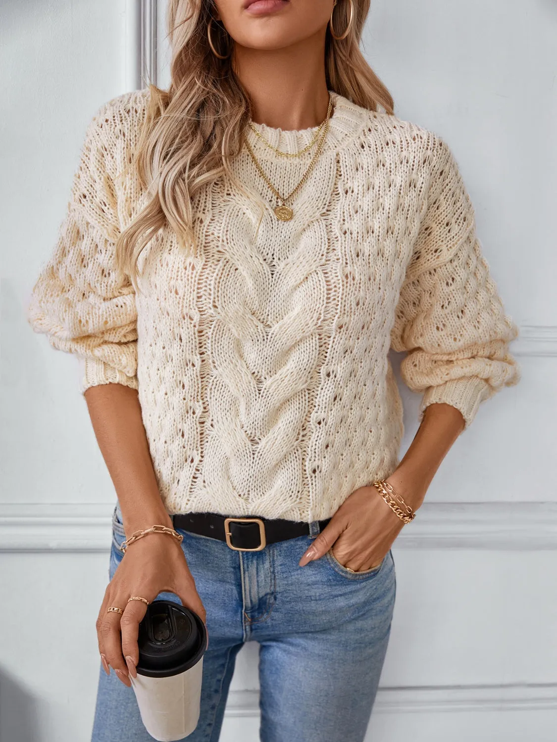 Cable-Knit Round Neck Long Sleeve Sweater | Sweater Weather | Cozy Fashion