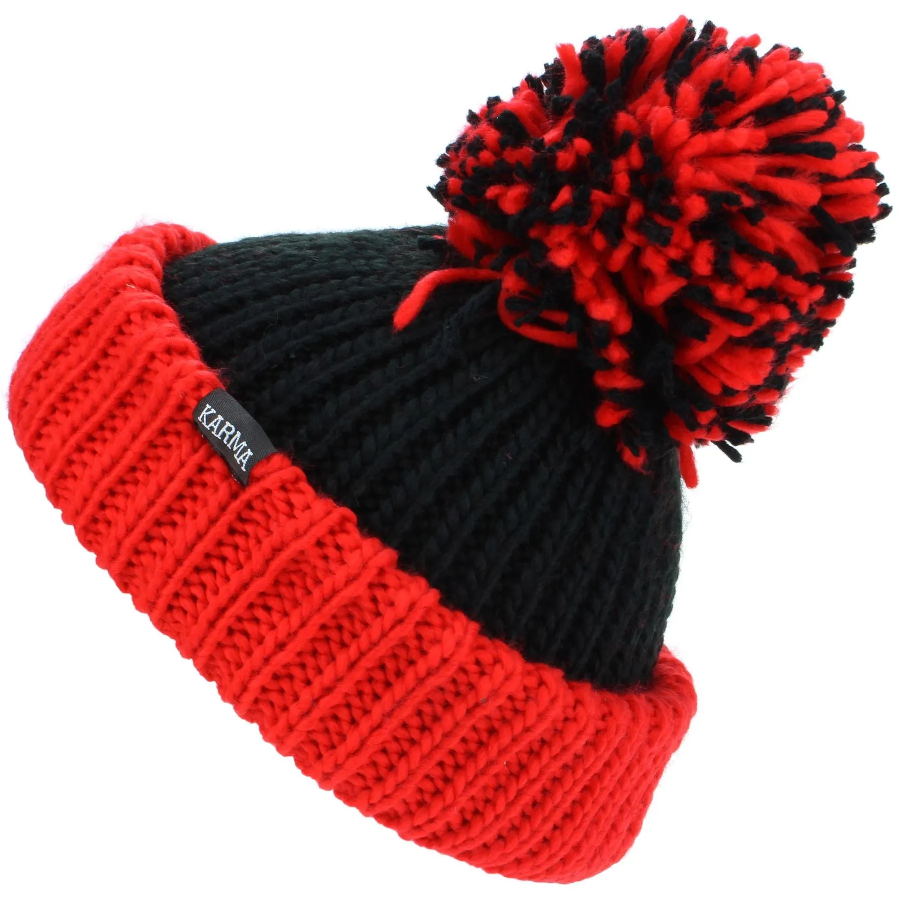 Chunky Acrylic Knit Beanie Hat with a MASSIVE Bobble - Red & Black